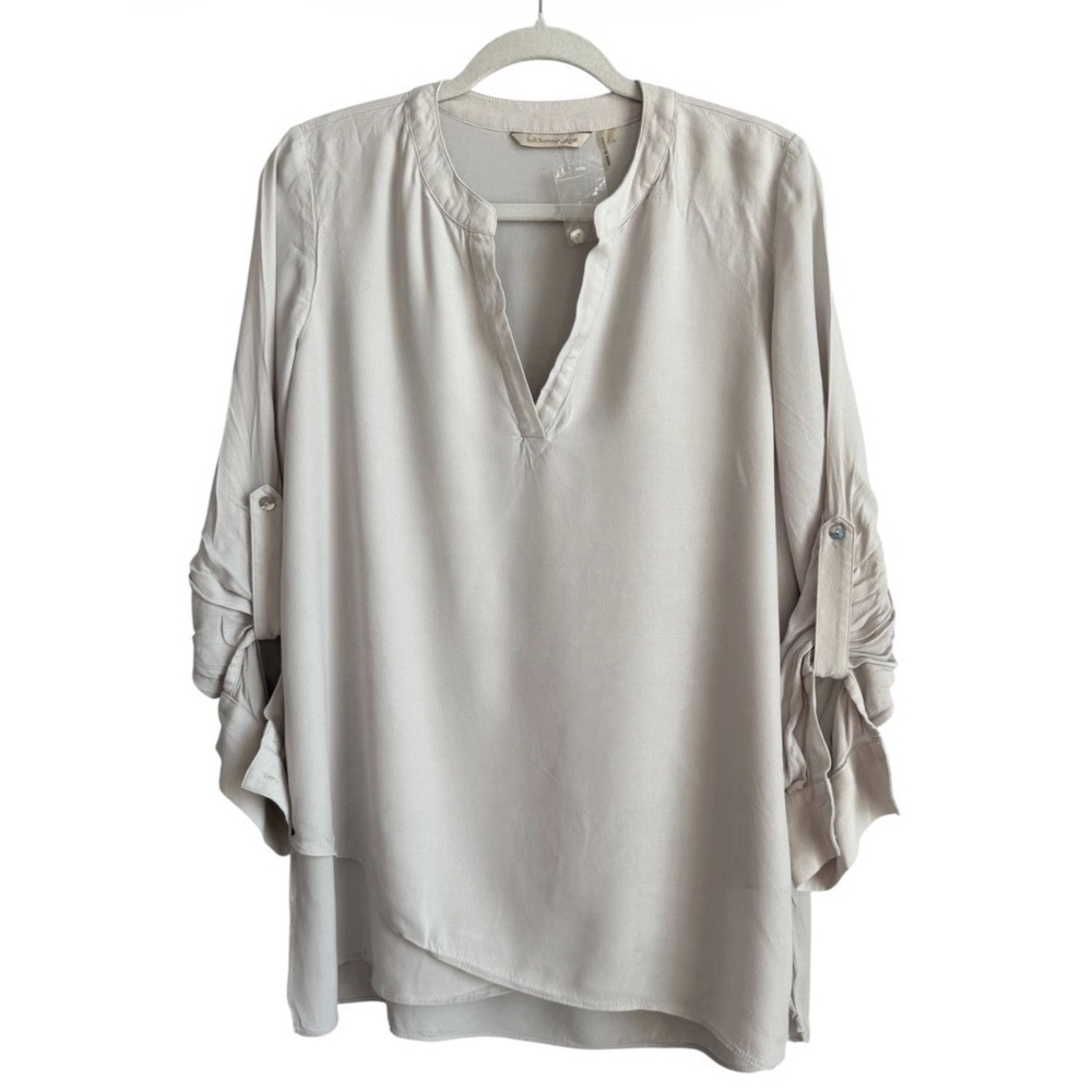 Soft Surroundings Cream Layered Crossover Blouse S Roll Tab Sleeve Tunic Top